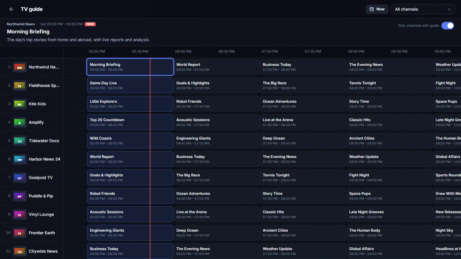 The NovArc TV guide: a grid of channels and their programmes through the evening.