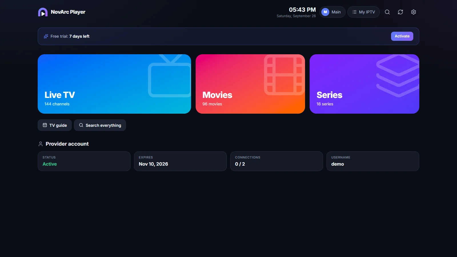 The NovArc home screen on a TV: Live TV, Movies and Series, with the TV guide and search.